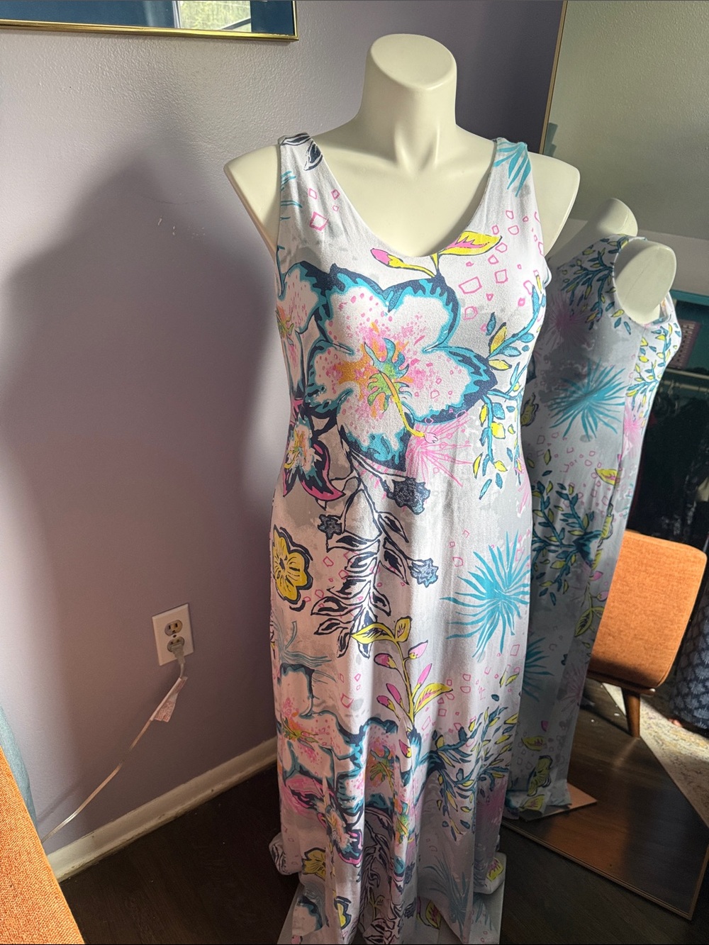 fresh produce Floral Maxi Dress in Light Gray with Teal, Pink & Yellow